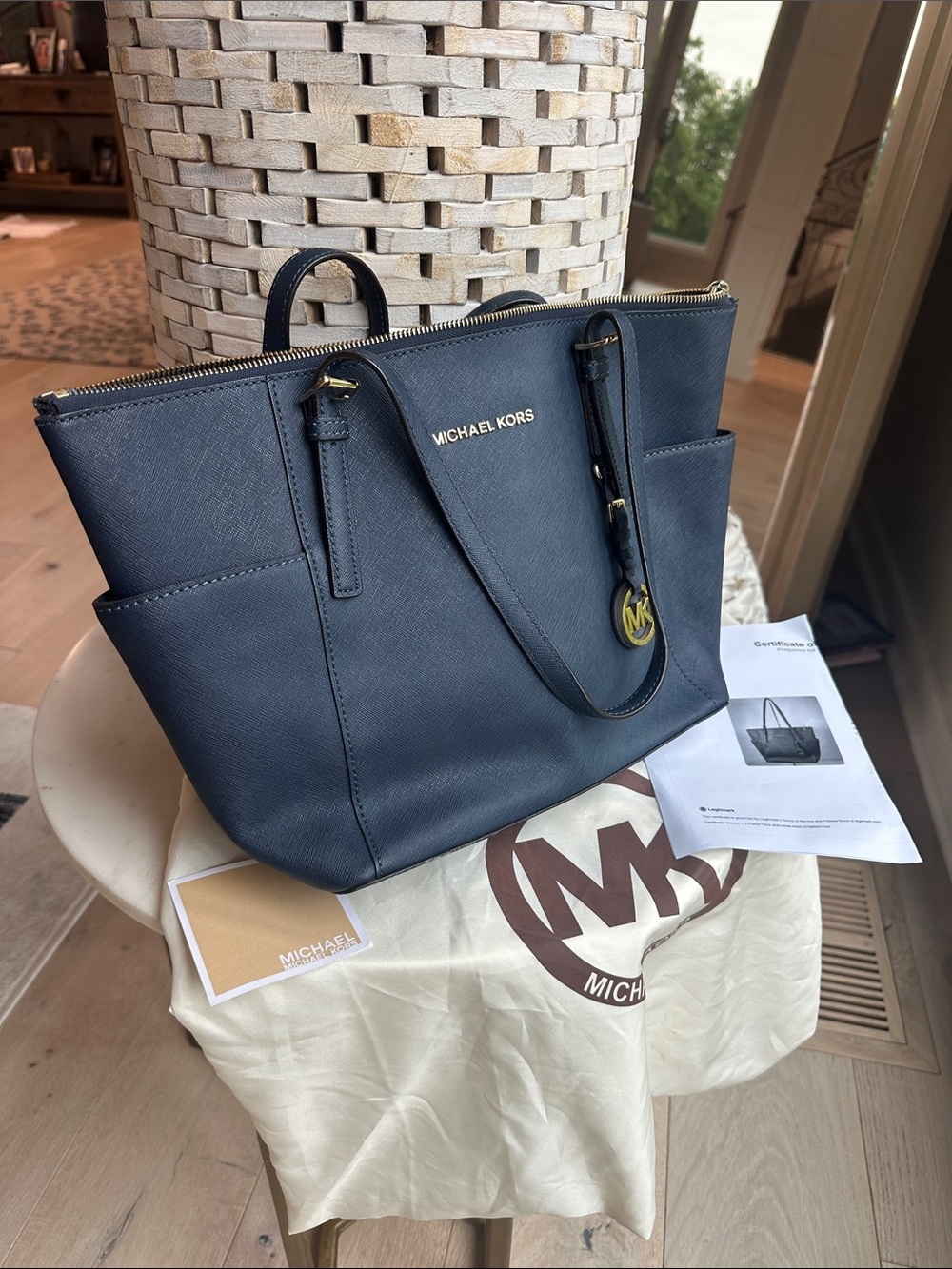 Michael Kors Navy Blue Saffiano Leather Tote with Gold Hardware